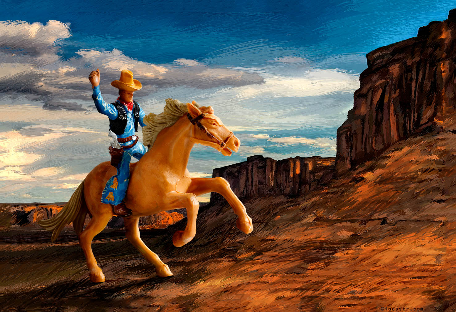 Plastic toy rider with horse, as analogy to the Marlboro ad in the Monument Valley; artist Roland Faesser, sculptor and painter 2013