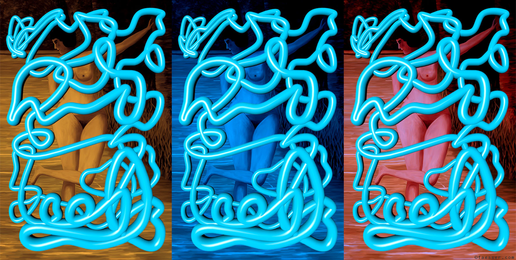 Abstract blue 3D line with a bathing woman interpreted from Camille Bombois in three different colors; work of art as figurative painting; artist Roland Faesser, sculptor and painter 2022