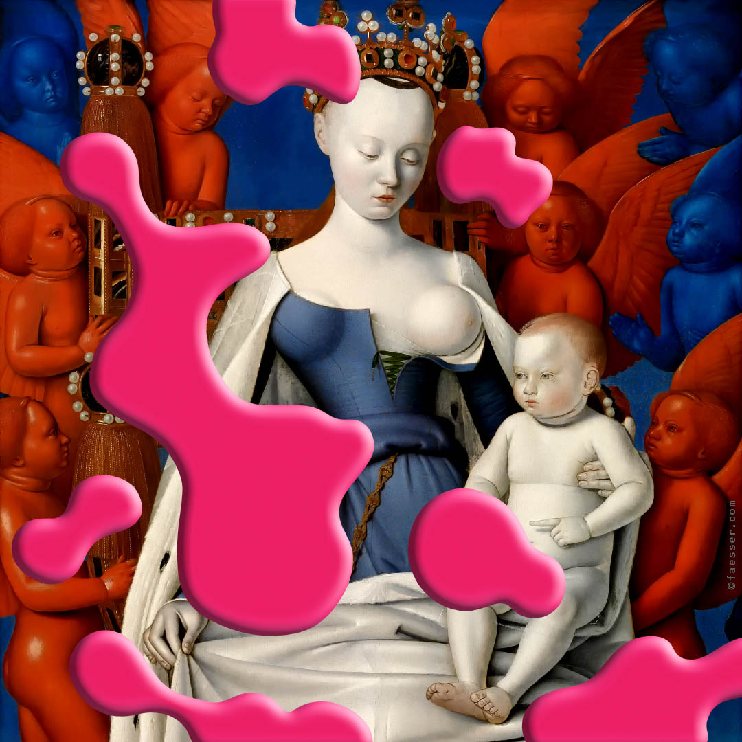 In The Pink, after Jean Fouquet's Maria with Agnes Sorel; work of art as figurative painting; artist Roland Faesser, sculptor and painter 2016