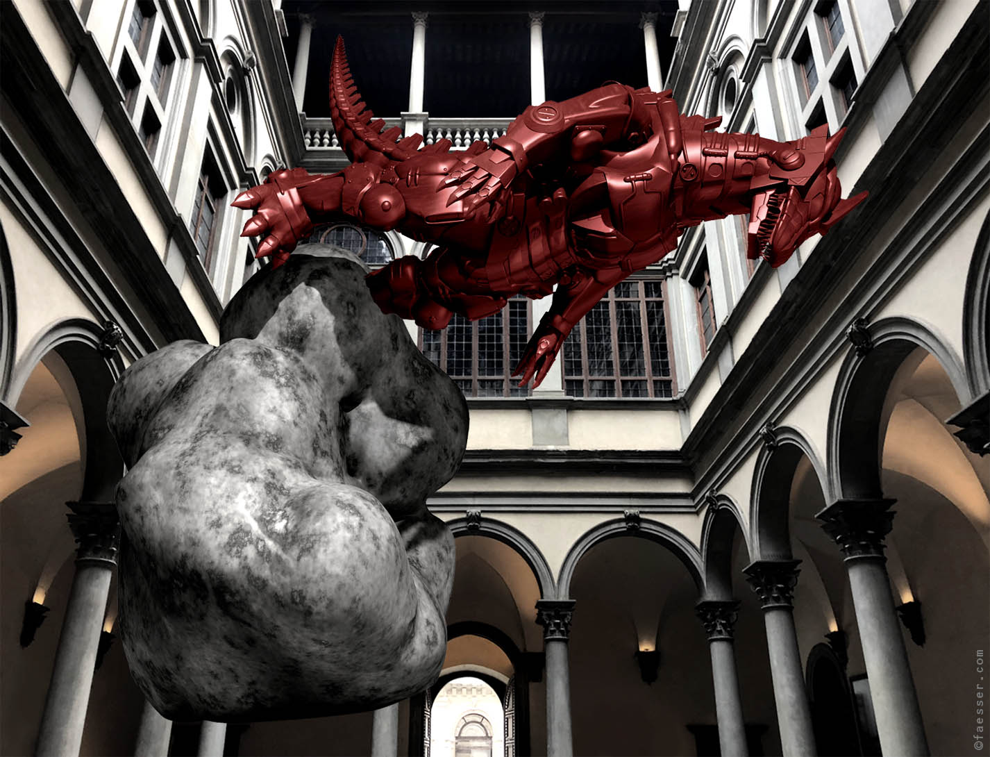 Asteroid Godzilla Monster dancing hilariously in the Palazzo Strozzi atrium in Florence; work of art as public sculpture; artist Roland Faesser, sculptor and painter 2022