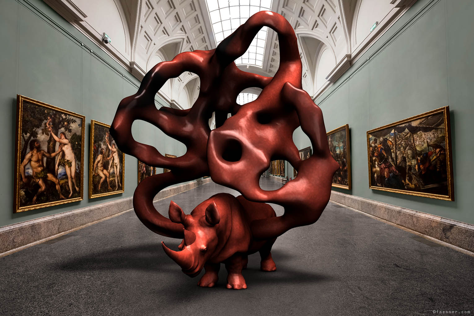 Rhino carrying an abstract sculpture in the empty exhibition space of the Museo del Prado in Madrid; artist Roland Faesser, sculptor and painter 2021