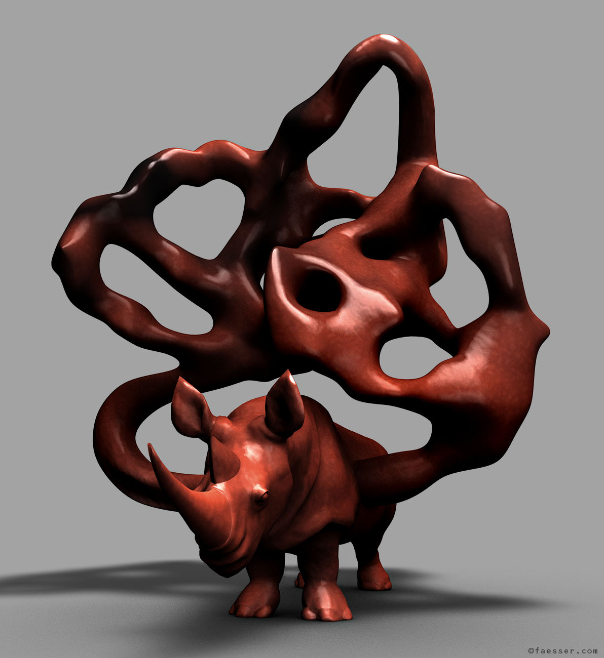 Rhino carries an abstract african-like sculpture, all in painted wood; work of art as figurative sculpture; artist Roland Faesser, sculptor and painter 2019