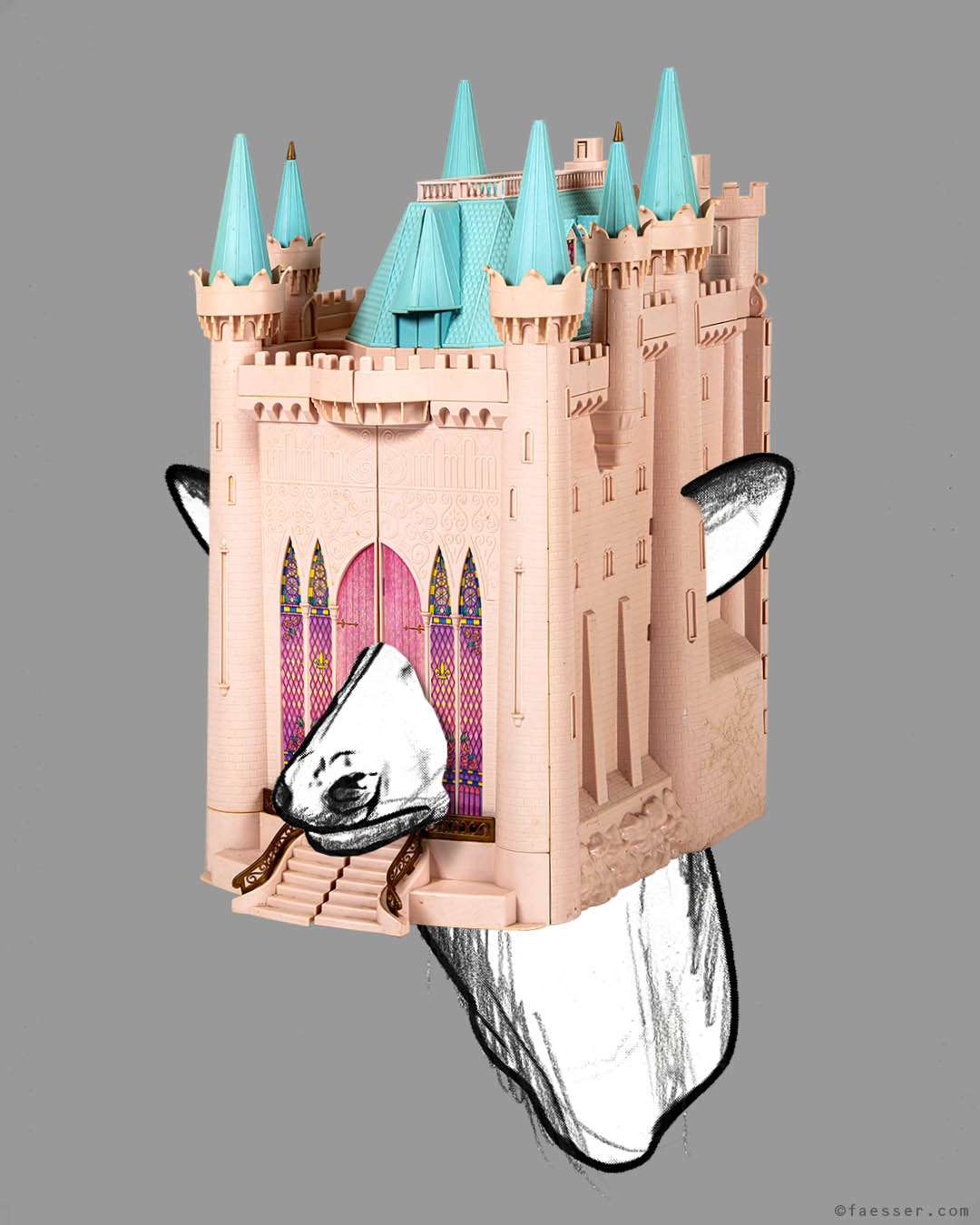 Barbie castle as a fully deer head mask; work of art as figurative sculpture; artist Roland Faesser, sculptor and painter 2020